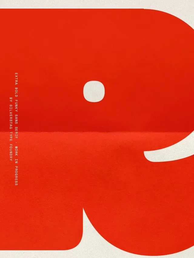 Oversized red letterform type specimen, minimal, geometric, vibrant