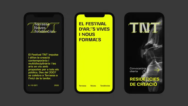 Catalan arts festival mobile identity in acid yellow, editorial, minimal, dark