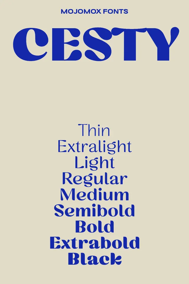 CESTY display font specimen in cobalt, minimal, retro, light