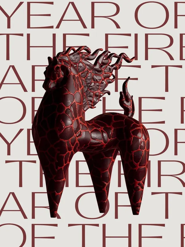 Year of the Fire 3D horse poster, editorial, 3d-render, high-contrast
