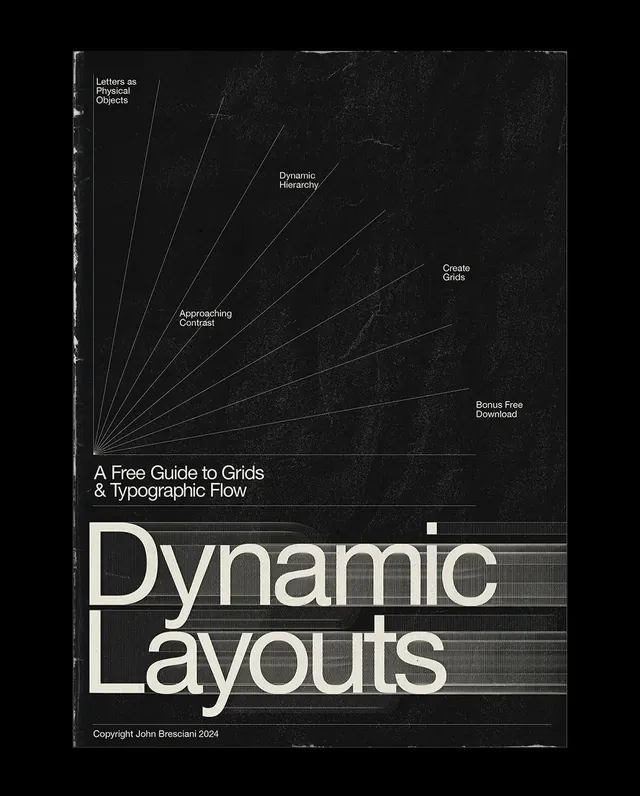Dynamic Layouts guide cover with radiating leader lines, minimal, swiss, dark