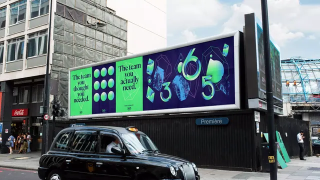 365Talents four-panel street billboard, geometric, gradient-heavy, vibrant