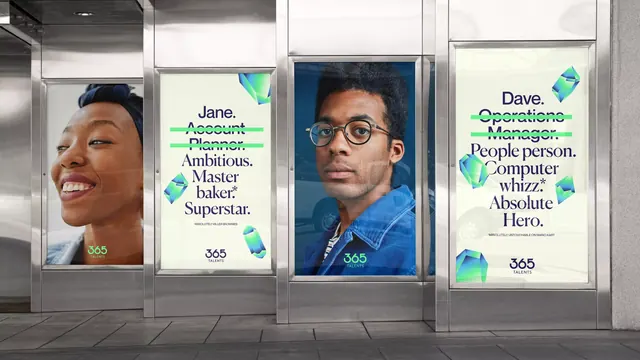 365Talents transit screens with struck-through job titles, minimal, photographic, light