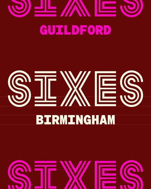 SIXES inline-stripe wordmark on maroon, geometric, retro, dark
