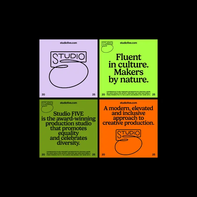 Studio FIVE four-panel identity, editorial, geometric, vibrant