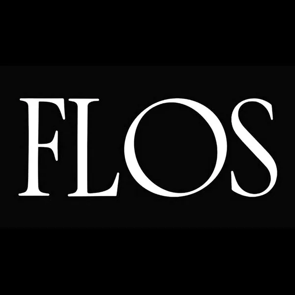 FLOS high-contrast serif wordmark on black, minimal, luxury, dark