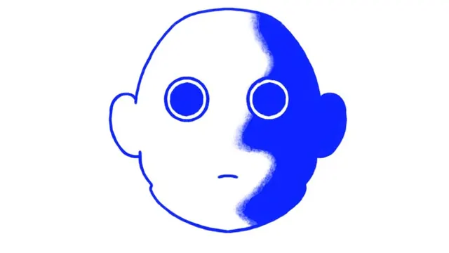 Split-face blue line-drawn head, minimal, illustrated, cool