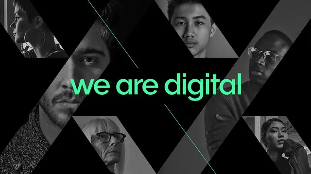 we are digital green wordmark over diamond-cut B&W portrait grid, geometric, monochrome, dark