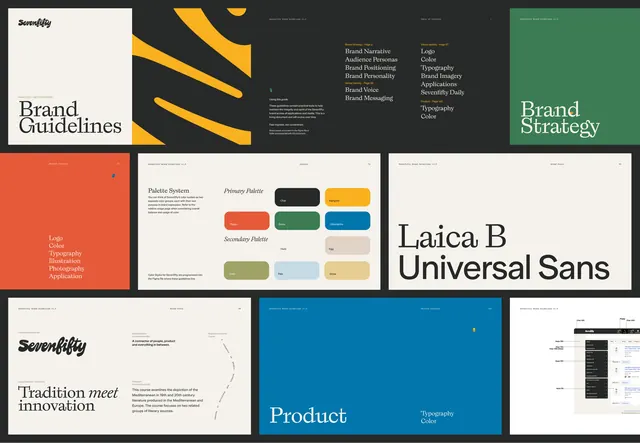 Sevenfifty brand guidelines spread grid, editorial, corporate-clean, vibrant