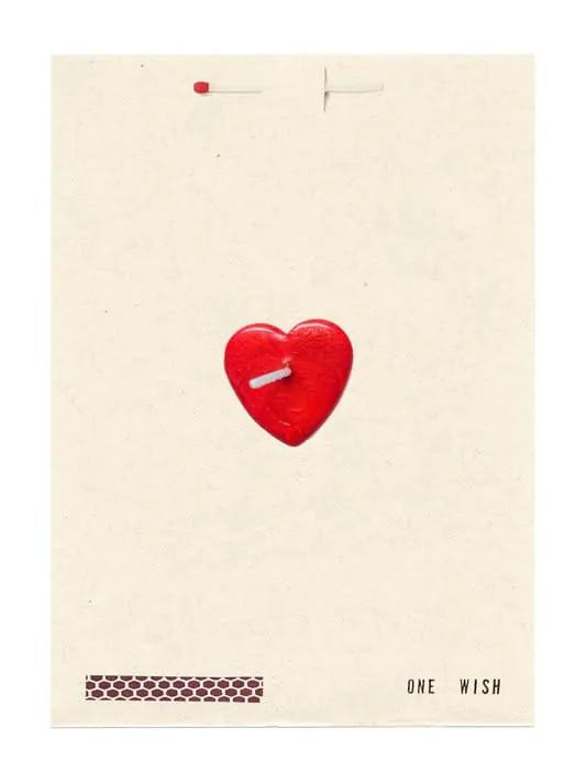 ONE WISH card with red heart button on cream stock, minimal, organic, warm