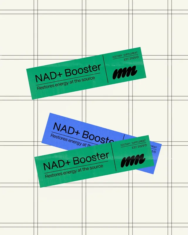 NAD+ Booster supplement label set, minimal, flat, vibrant