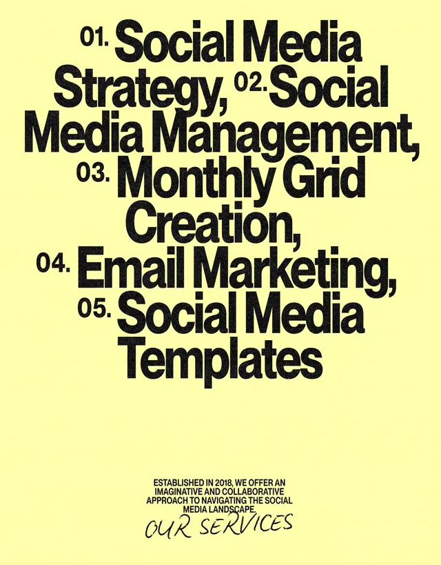Numbered social-media services list on yellow, brutalist, editorial, light