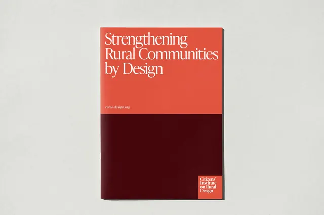 Two-block serif booklet cover, coral over maroon, editorial, minimal, warm