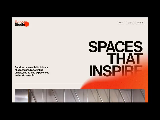 Sundown Studio site: oversized headline with orange airbrush bleed, minimal, editorial, warm