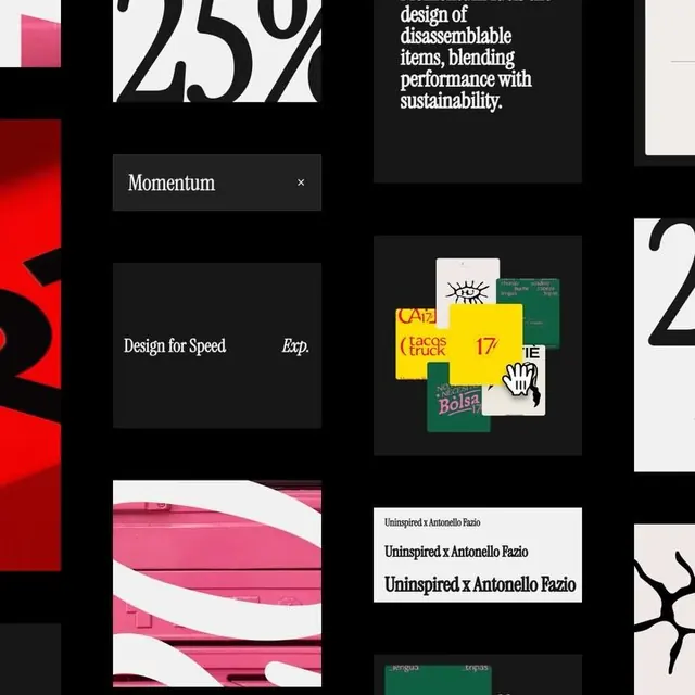 Black modular portfolio grid with pink and red accents, editorial, dark-mode, dark