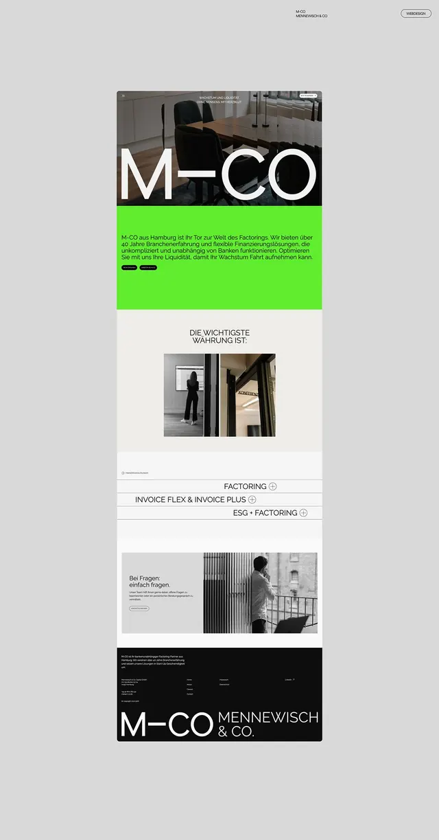 M-CO factoring website with acid-green block, minimal, swiss, light