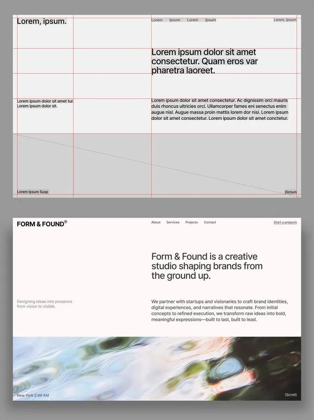 Form & Found studio site: grid wireframe to hero, minimal, swiss, light