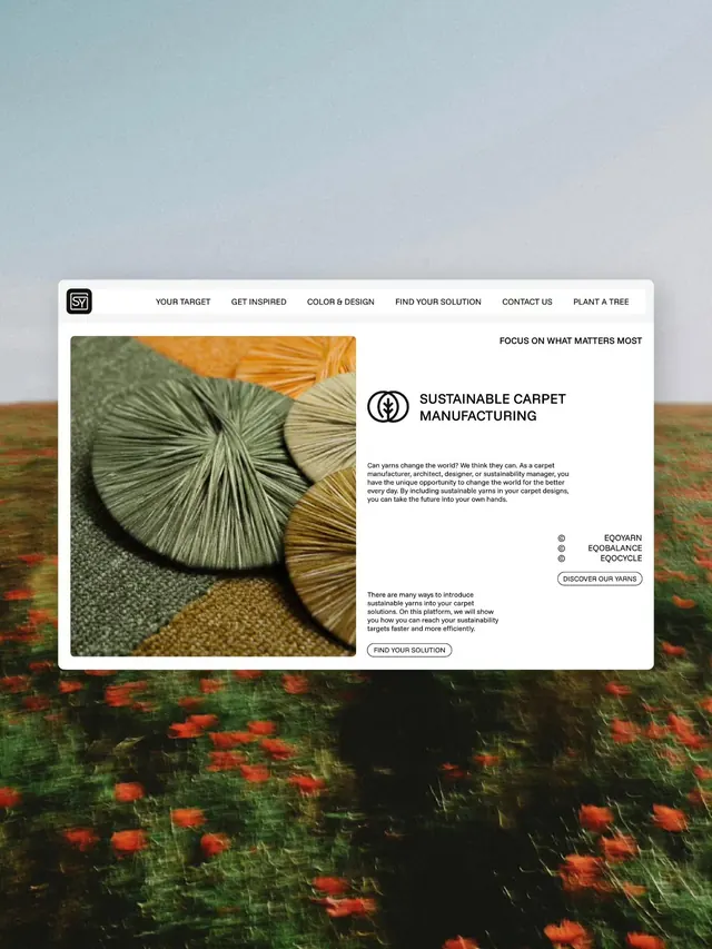 Sustainable carpet brand web hero over poppy field, minimal, organic, earthy