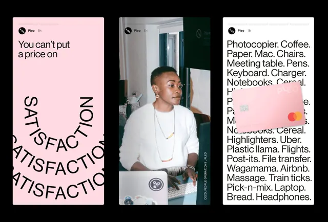 Pink three-panel SATISFACTION layout, minimal, editorial, light