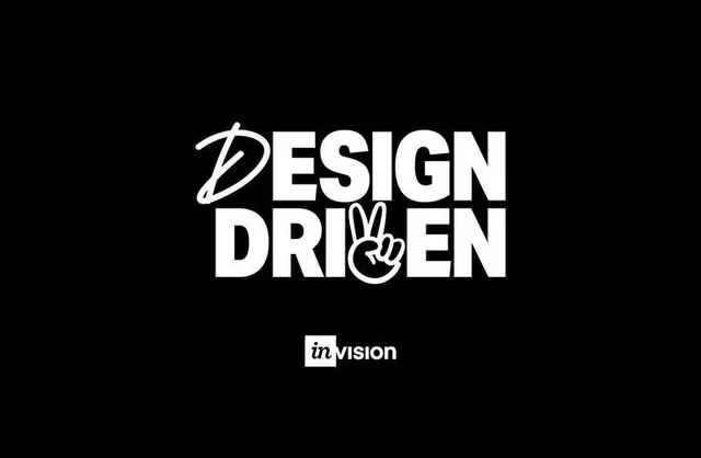 DESIGN DRIVEN lockup with script and peace-sign swaps, minimal, monochrome, dark