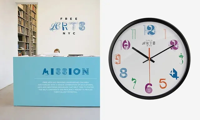 Free Arts NYC decorative-numeral identity, minimal, illustrated, light