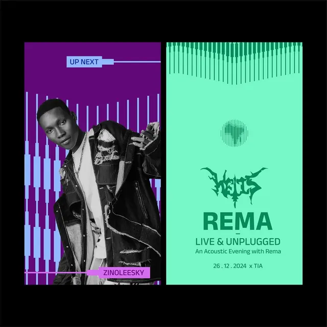 Split-panel concert promo with audio-bar motif, editorial, geometric, vibrant