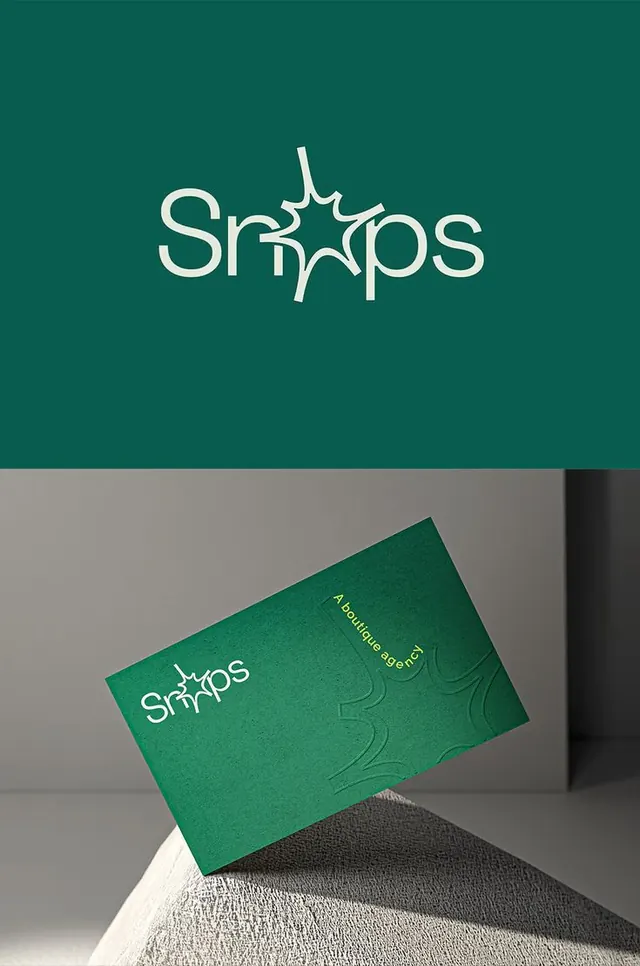 Snaps green wordmark and business card, minimal, corporate-clean, cool