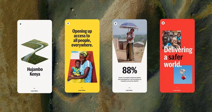 Four social-story cards over aerial landscape, editorial, minimal, vibrant