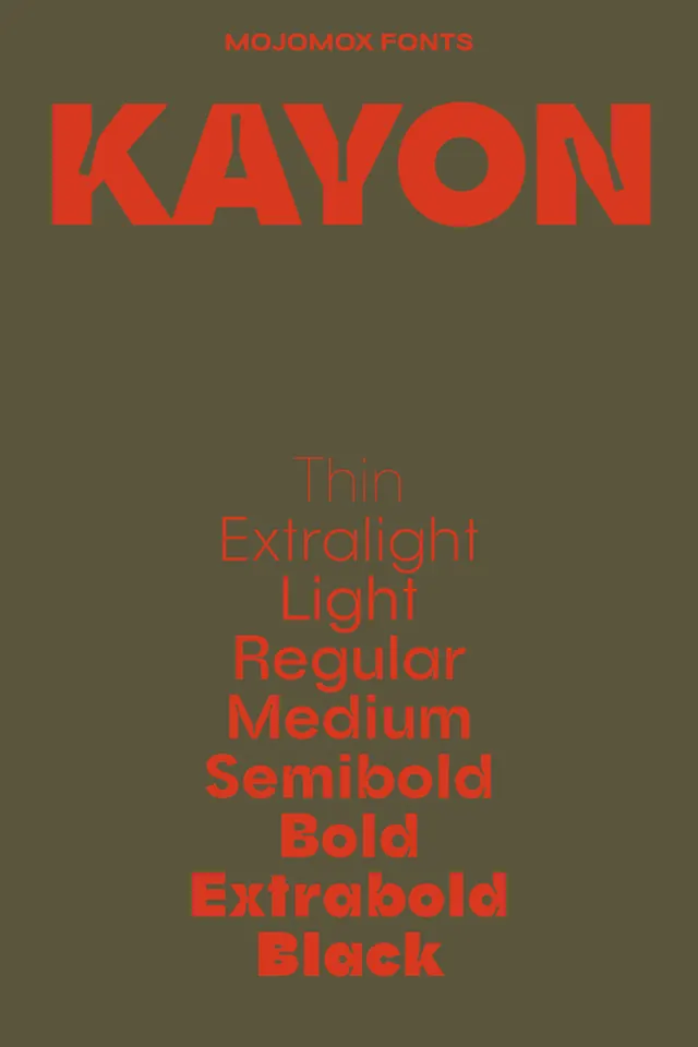 KAYON type specimen, weight ladder in red on olive, geometric, minimal, warm