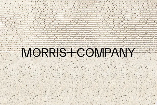 MORRIS+COMPANY logotype over split textured ground, minimal, swiss, warm