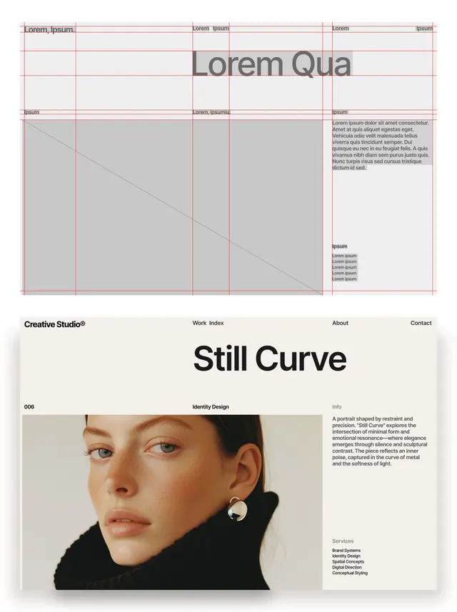 Grid-system specimen with editorial portrait layout, minimal, editorial, light