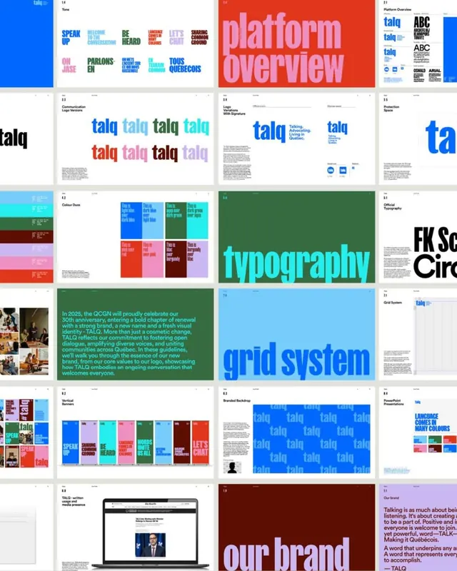 TALQ brand guideline contact sheet, corporate-clean, editorial, vibrant