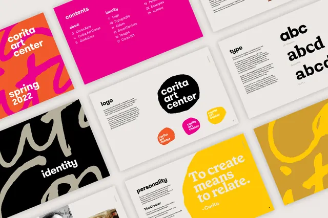 Magenta and yellow brand guidelines deck grid, editorial, geometric, vibrant