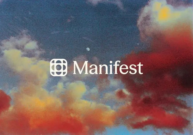 Manifest serif wordmark over grainy dusk-cloud photograph, photographic, minimal, warm