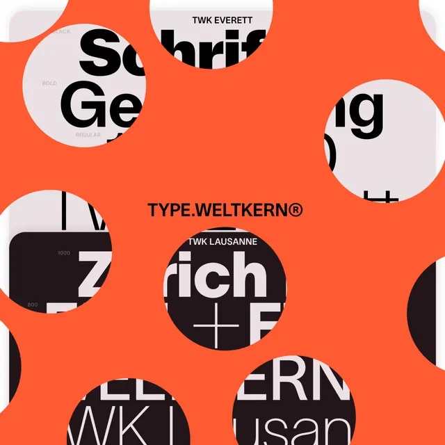 Weltkern type specimen with circular crops on orange, geometric, editorial, vibrant