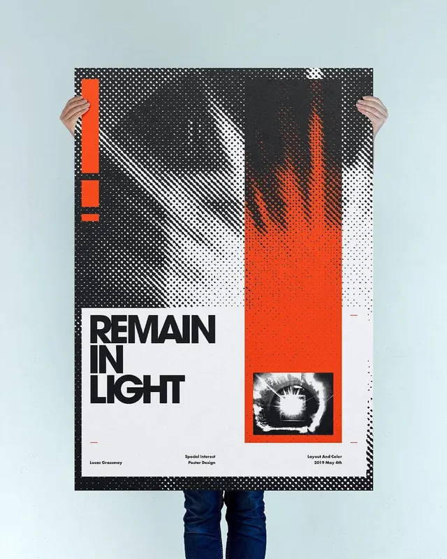 Halftone Swiss poster with orange accent, swiss, geometric, dark