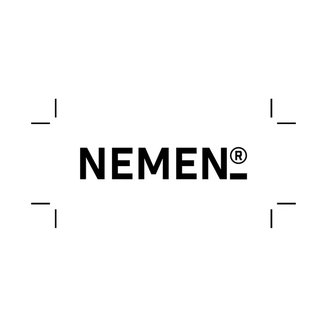 NEMEN wordmark with crop-mark frame, minimal, swiss, light