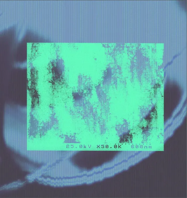 Cyan SEM micrograph framed over a blurred blue field, technical, abstract, cool