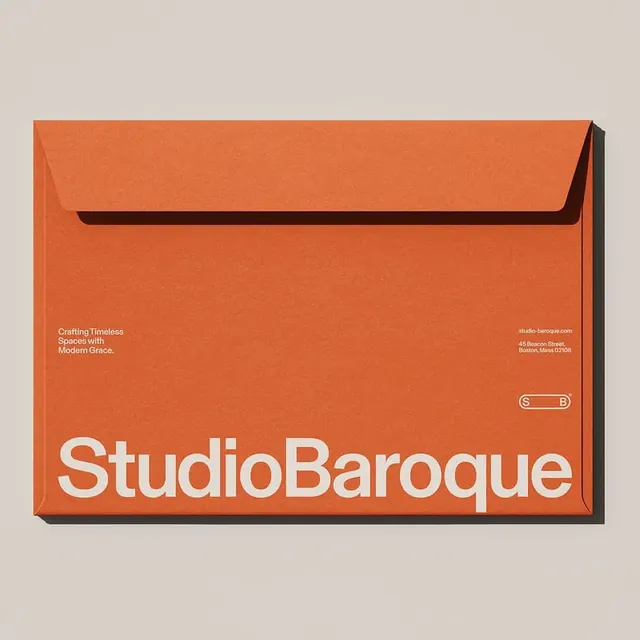 Studio Baroque burnt-orange envelope branding, minimal, swiss, warm