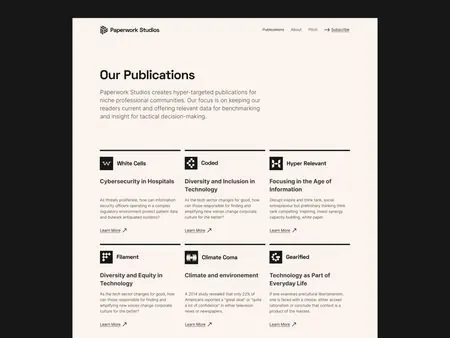 Paperwork Studios publications grid landing page, editorial, corporate-clean, light