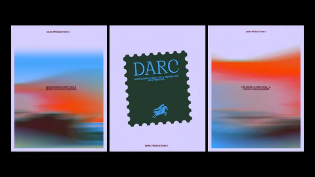 DARC poster triptych with blurred gradients and stamp mark, gradient-heavy, editorial, warm