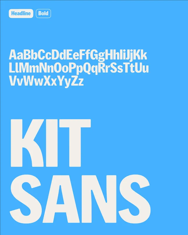Kit Sans bold type specimen on blue, minimal, swiss, cool