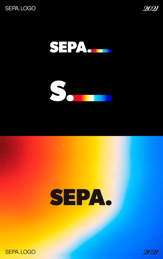 SEPA wordmark with rainbow gradient bar, minimal, gradient-heavy, dark