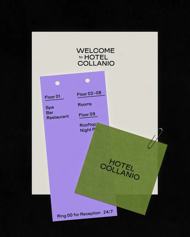 Hotel Collanio welcome card and floor-guide tag set, minimal, swiss, light