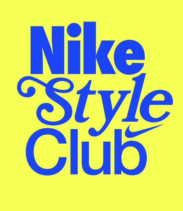 Nike Style Club stacked logo in blue on yellow, playful, retro, vibrant