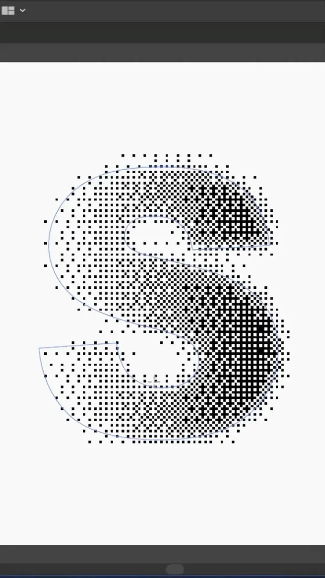Halftone dot-grid letter S in vector editor, abstract, monochrome, monochrome