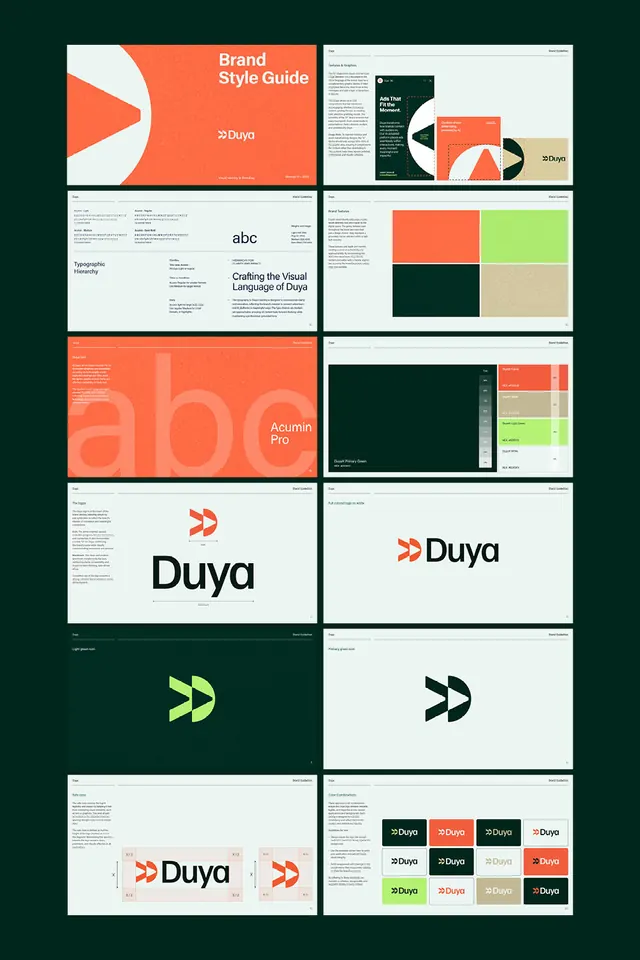Duya brand guideline deck contact sheet, corporate-clean, minimal, warm