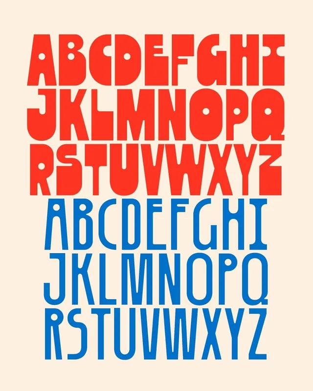 Red and blue display alphabet specimen, geometric, retro, warm