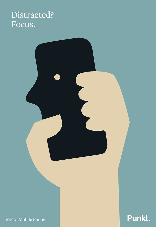 Punkt phone-as-face negative-space poster, minimal, flat, cool