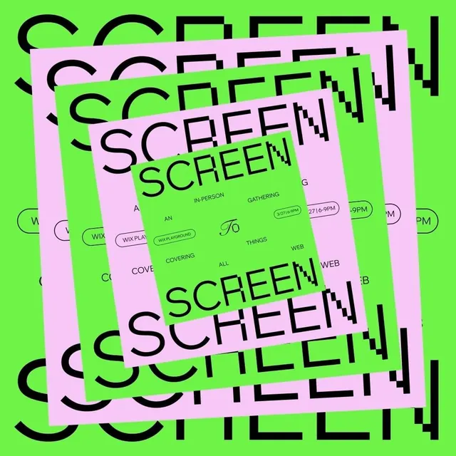 SCREEN TO SCREEN event poster, nested squares, maximalist, playful, vibrant